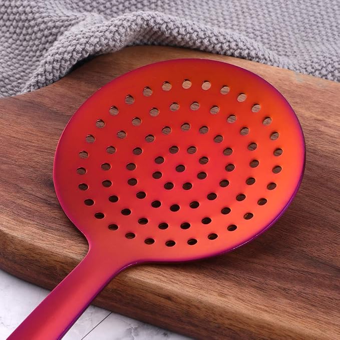 Skimmer Spoon, BuyGo Rainbow Red Slotted Spoon Strainer Ladle Stainless Steel Cooking Utensil, Comfortable Grip Design