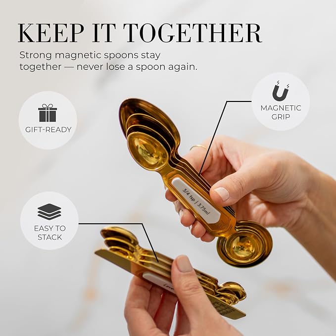 White and Gold Measuring Spoons with Leveler - Featuring 8PC Upgraded Style, Dual-Sided, Stackable, Stainless Magnetic Measuring Spoons Set - Fits in Spice Jars, White and Gold Kitchen Accessories