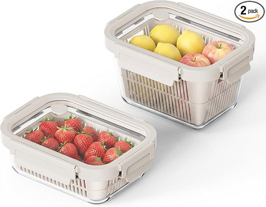 Glass Fruit Storage Containers for Fridge, 2 Pack Produce Containers with Removable Colanders & Vent Glass Lids, Airtight Fruit & Vegetable Storage, BPA Free Borosilicate Glass