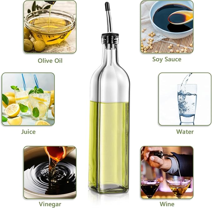 Leaflai Olive Oil Dispenser Bottle, 2 Pcs Glass Olive Oil Dispenser and Vinegar Dispenser Set with 2 Stainless Steel Pourers, 4 Labels,1 Brush and 1 Funnel Oil Bottles for Kitchen (500ml)