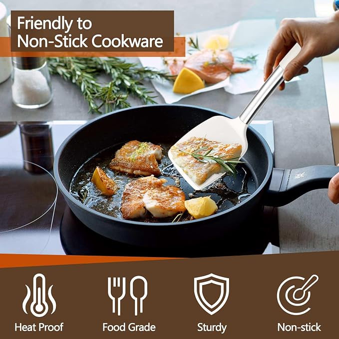P&P CHEF White Kitchen Cooking Utensil Set of 4, Silicone Solid Spatulas Slotted Spoons Turners for Non-stick Cookware Flipping Mixing, Heat-proof