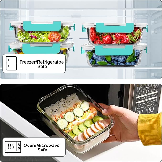 VERONES 10 PACK 22 OZ Glass Meal Prep Containers Set with Lids, Green | Airtight Glass Lunch Containers Set, Glass Food Storage Containers, for Microwave, Oven, Freezer & Dishwasher Friendly