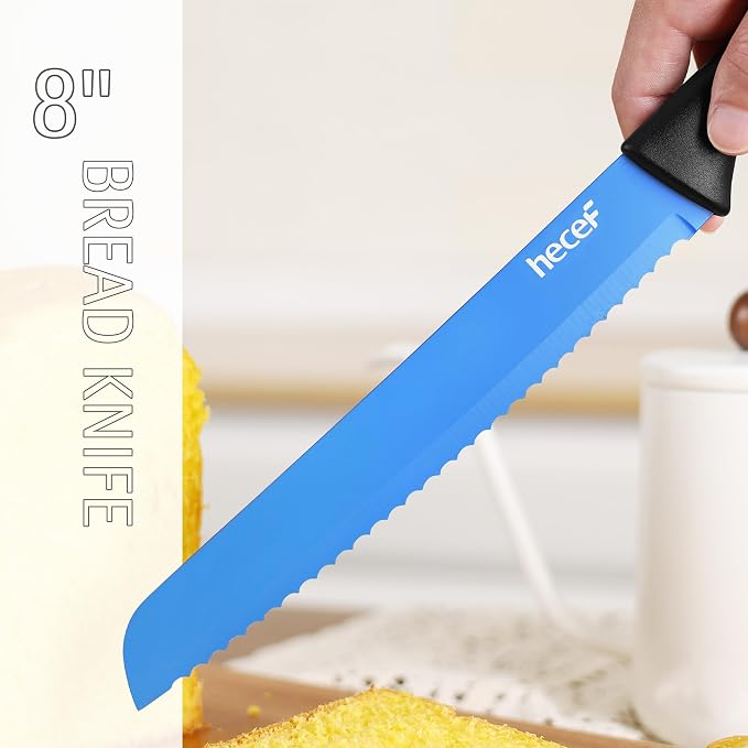 hecef 14 Pieces Kitchen Knife Set with Built-in Sharpening Wooden Block, Dishwasher Safe, High Carbon Stainless Steel Knife Block Set with Steak Knives, Kitchen Scissors (Blue)