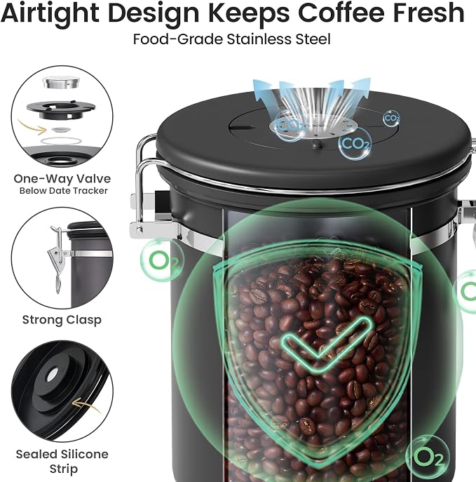 Veken Coffee Canister with Window, Airtight Stainless Steel Container, 16OZ | Kitchen Food Storage Pantry Organizers for Beans,Ground,Espresso,Rice,Tea,Sugar,Bar Accessories,Gifts,Lids,Jars, Scoop, Black