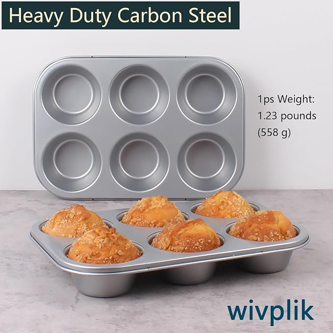 Nonstick jumbo Muffin Pans 6 Cups，2 Pack Extra Large Cupcake Tins for Baking，Premmium Non-stick Coating for Non-Toxic,Heavy Duty Carbon Steel, 3.5 dia,Deep Muffin Tray
