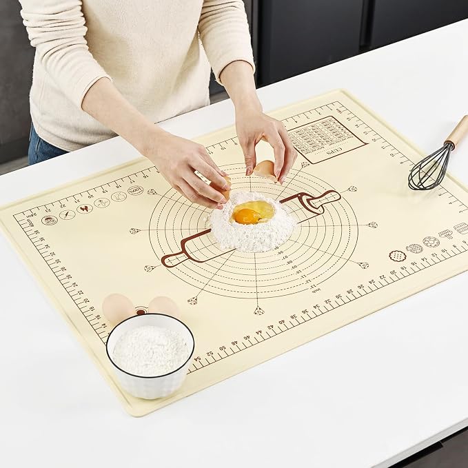 Silicone Baking Mat, Extra Thick Dough Rolling Pad with Measurements and Edge Heightening, Non-stick Food Grade Silicone Pastry Mat for Pastry, Bread, Cookies (Beige Edge Up, 20"L x 28"W)