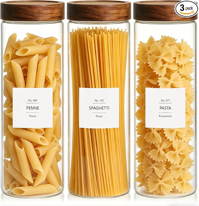 KEYWING 64oz Pasta Storage Containers with Lids, Glass Spaghetti Containers | 3Pcs 11.4” Tall Food Storage Jars with Airtight Acacia Wood Lid, Pantry Organizers for Cereal, Bread-sticks, with 126 Labels