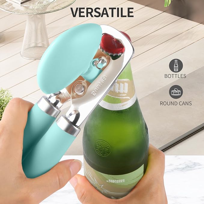Safring Can Opener Manual, Heavy Duty Stainless Steel Smooth Edge Can Openers With Soft Touch Handle, Oversized Handheld Easy Turn Knob, Multi-Function Bottle Opener, Aqua Sky