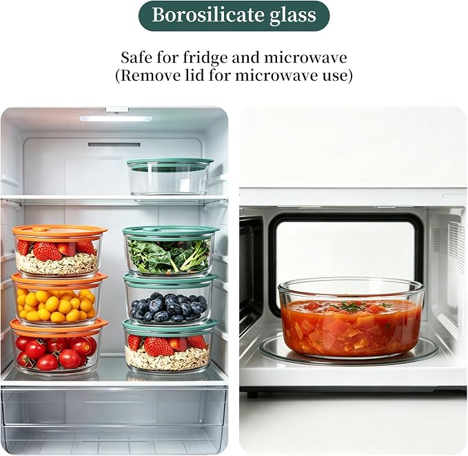 Wissy&Konny 2 Cup Glass Storage Containers with Glass Lids 6 Pack, 100% Plastic Free Borosilicate Meal Prep Containers, Silicone Framed Airtight & Leakproof Lids, Microwave Dishwasher Freezer Safe