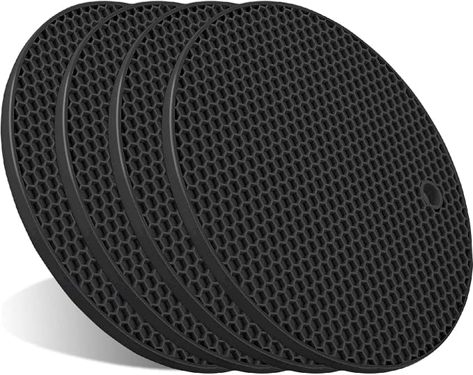 4 Pcs Trivets for Hot Dishes, Hot Pads for Kitchen, Silicone Pot Holders, Extra Thick, Non Slip, Multipurpose Kitchen Accessories (Black)