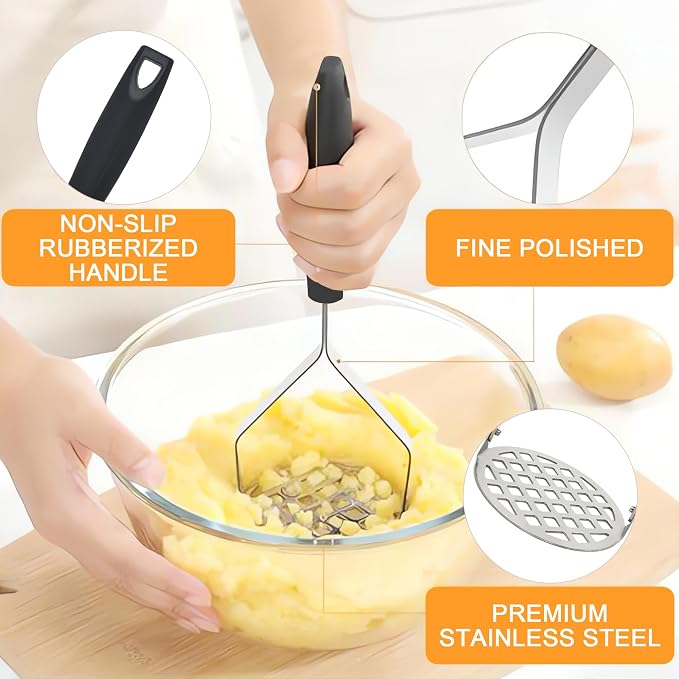 2PCS Heavy Duty Potato Masher, Sturdy Masher, Stainless Steel Food Masher Tool for Potatoes, Avocados, Beans, Fruit & Vegetables