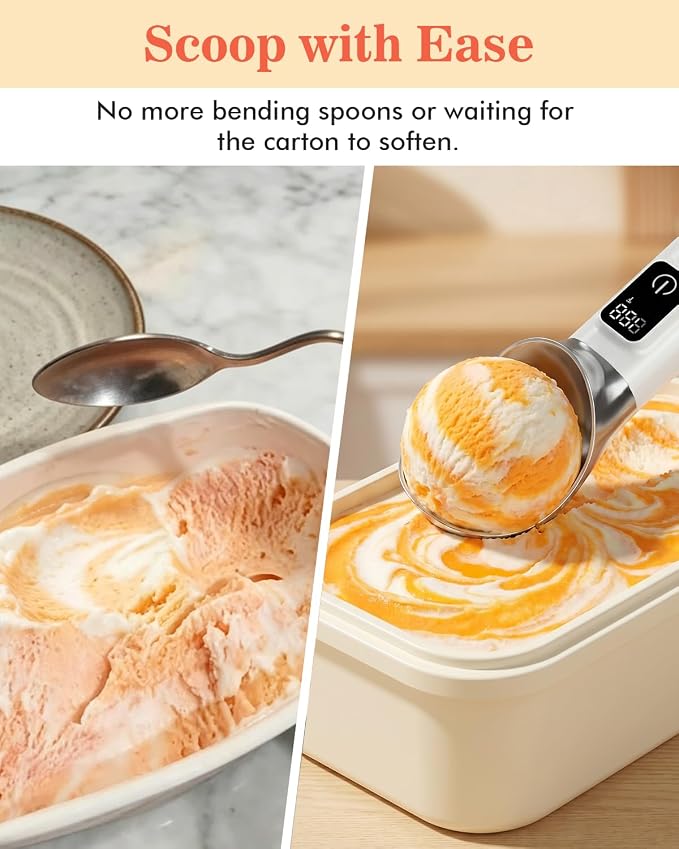 Heated Ice Cream Scoop Rechargeable, Electric Warming Ice Cream Scooper with LED Display, 5000mAh Battery, Food-Grade Metal, Easy Scoop for Hard Ice Cream, Gelato & Frozen Desserts