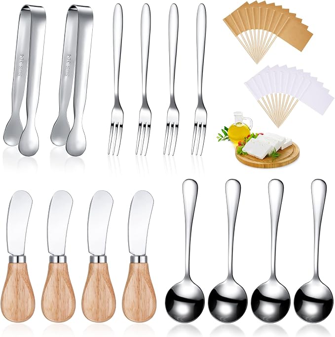 34 Pcs Charcuterie Board Accessories Cheese Butter Spreader Knives Set Stainless Steel Spreader Knives with Wooden Handles Charcuterie Boards Utensils Mini Serving Tongs Spoons and Forks, Yellow