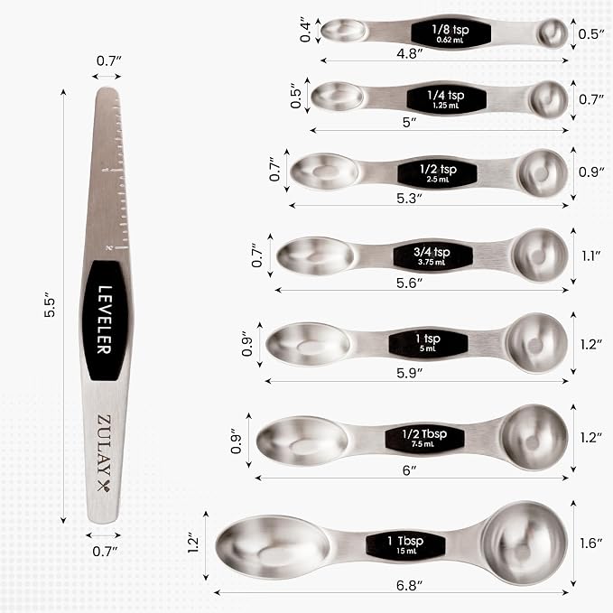 Zulay Stainless Steel Measuring Spoon Set - Stackable Magnetic Spoon Measuring Set - Magnetic Measuring Spoon Set of 8 with Leveler - Made with Strong N45 Magnets & 304 Stainless Steel - Black