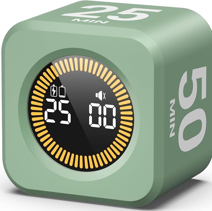 KADAMS Pomodoro Timer – Visual Timer Cube, LED Countdown Ring & Count Up Mode, Silent Flip Productivity Timer for Study, Classroom, Office, Cooking (Green 5-10-25-50 min)