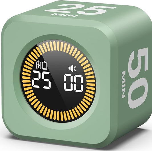 KADAMS Pomodoro Timer – Visual Timer Cube, LED Countdown Ring & Count Up Mode, Silent Flip Productivity Timer for Study, Classroom, Office, Cooking (Green 5-10-25-50 min)