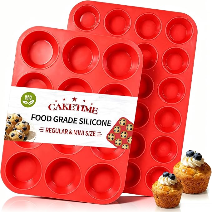 Silicone Muffin Pan, Mini Muffin Pan, Regular 12 Cups and Mini 24 Cups Cupcake Tin Set of 2 for Baking Egg Bites