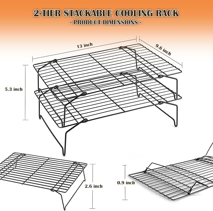 2-Tier Cooling Racks for Cooking and Baking - 13" x 9.6" Stackable Heavy Duty Stainless Steel Wire Rack for Baking, Grilling, Roasting - Oven & Dishwasher Safe - Black
