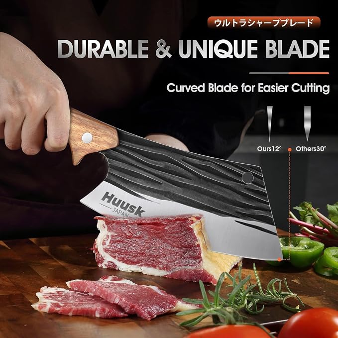 Huusk Butcher Knives for Meat Cutting, Hand Forged Meat Cleaver Knife Full Tang High Carbon Steel Chef Knives Heavy Duty Butcher Knife for Camping, BBQ, Gift for Men and Women