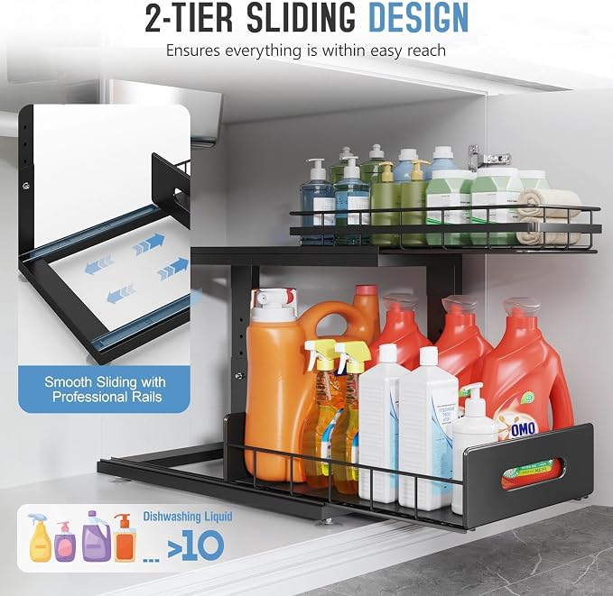 Under Sink Organizer Upgrade To Professional Rails,2-Tier Dual Pull Out Cabinet Storage,Height Adjustable Slide Out Drawers For Bathroom Kitchen,2 Pack-16.7"Dx12.8"-16.9"H,Black