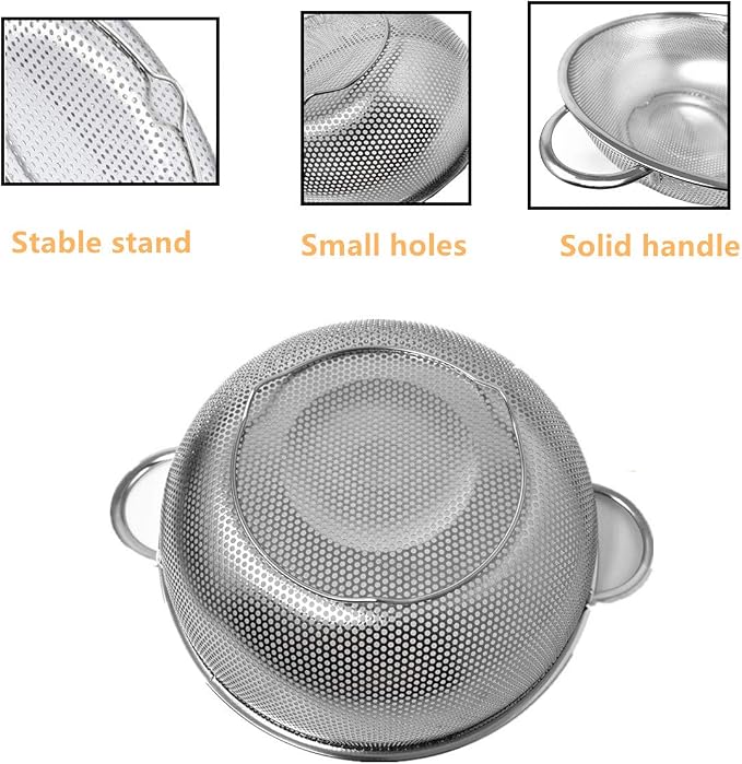 Colander Set of 2, Heavy Duty Stainless Steel Micro-Perforated Strainer Mesh Colander with Handle for Draining Rinsing Washing Pasta Vegetables Fruits, Dishwasher Safe -3/5 Quart