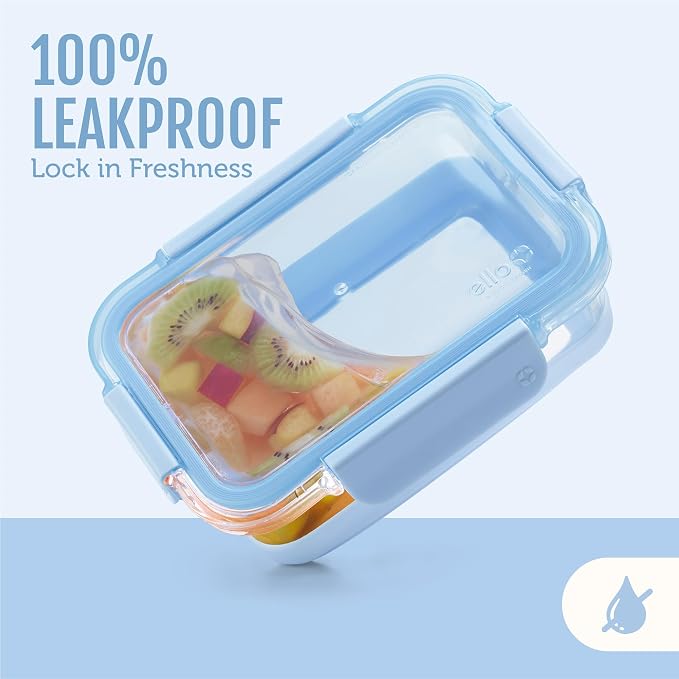 Ello Duraglass Refresh 3.4 Cup Meal Prep Containers, 10 Pc, Halogen Blue | Glass meal prep container set with silicone boots, airtight leakproof BPA-free lids, microwave, freezer & dishwasher safe
