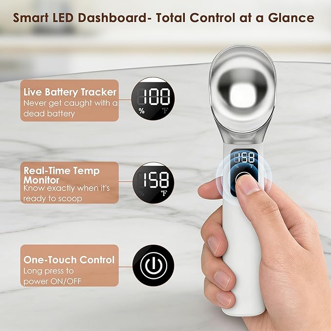 Electric Heated Ice Cream Scoop with Stand, 5000mAh Rechargeable Ice Cream Scooper for Hard Frozen Desserts, 158℉ Fast Melting & Smart LED Display, IP67 Waterproof Anti-Freeze Spoon, Perfect Gift