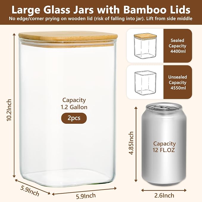 KEYWING 1.2 Gallon Glass Flour Storage Containers with Bamboo Lids, 2 Pack | Large Square Pantry Jar, Big Wide Mouth Canisters for Sugar, Rice, Cereal, Pasta & Coffee Beans