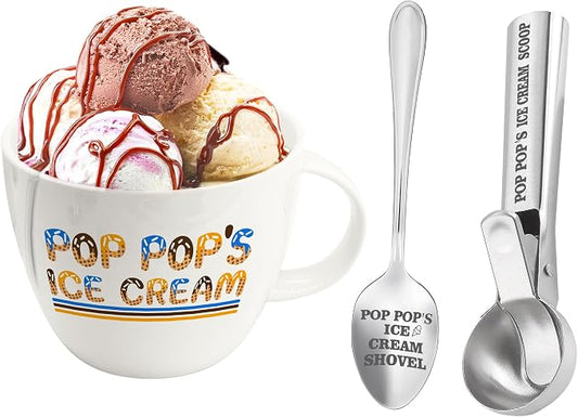 FUTBU Pop Pop Gifts, Gifts for Poppop from Grandkids, Pop Pop's Ice Cream Bowl Scoop Shovel Spoon Set, Pop-Pop’s Ice Cream Gift, Ideal Xmas Birthday Father's Day Man Gifts