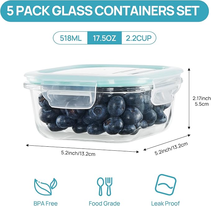 Vtopmart 5Pack 17.5oz Glass Storage Containers with Lids, Green | Glass Meal Prep Food Container Sets, Snap Airtight Lid, For Microwave, Oven, Freezer and Dishwasher, BPA Free