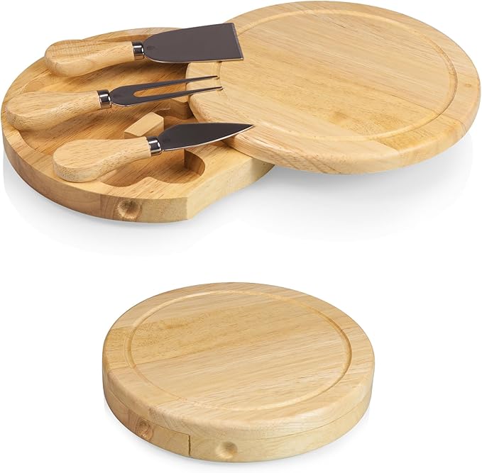 PICNIC TIME Brie Cheese Board and Knife Set, Novelty Charcuterie Board Set with Stainless Steel Tools and Juice Groove, Two-tiered, Swivel-Open Serving Platter, and Charcuterie Set, (Parawood)