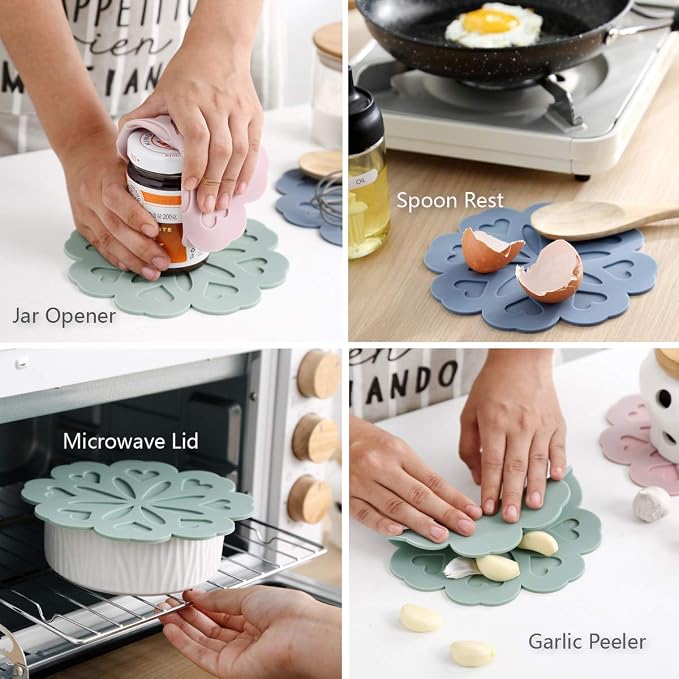 Set of 4 Silicone Trivet Mat - Hot Pot Holder Hot Pads for Table & Countertop - Trivet for Hot Dishes - Non-Slip & Heat Resistant Modern Kitchen Hot Pads for Pots & Pans, Grey