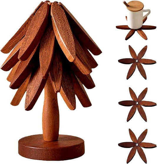 Wooden Cup Coaster Set,Christmas Tree Shape Trivet Set,4 Wooden Trivets and 1 Stand for Hot Pots and Pans Collapsible Coasters Heat Resistant Pads for Kitchen Counter (Sapele)