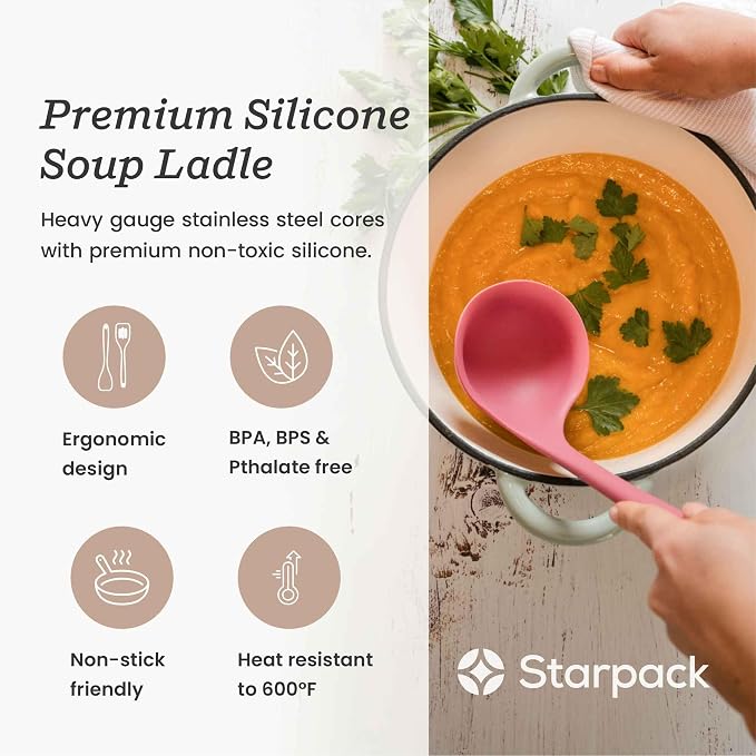 Starpack 'Ladle of Love' XL Premium Silicone Ladle Spoon - Up-to 600°F High Heat Resistant Soup Ladles - Kitchen Ladles for Serving, Non Stick Silicone Spoons, LFGB Grade Cooking Spoon - Earthy Pink