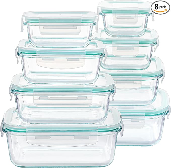 Vtopmart 8 Pack Glass Food Storage Containers with Airtight Lids | Meal Prep Lunch Containers, Leakproof, Leftover Storage, Take-out, Microwave, Oven, Freezer and Dishwasher Safe, BPA Free