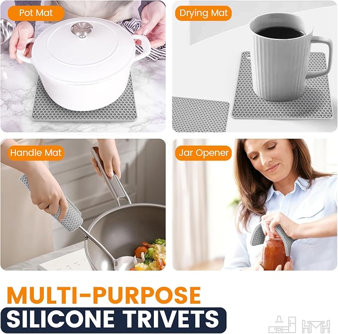 Silicone Trivet Mats 4 Heat Resistant Pot Holders Multipurpose Non-Slip Hot Pads for Kitchen Potholders, Drying mat, Jar Opener, Spoon Holder, Coaster.(Light Grey)