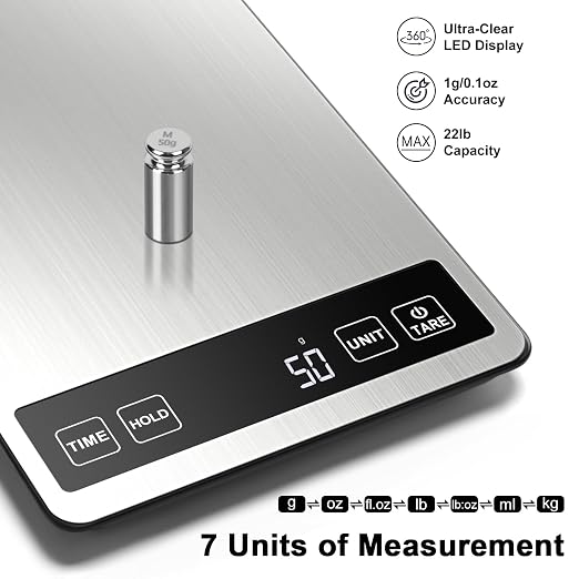 Fuzion Food Kitchen Scale 22lb/0.1oz - Food Scale 7 Units, Tare & Timer | Rechargeable, Tempered Glass+ Stainless Steel, Digital Kitchen Scale Grams and oz for Weight Loss, Cooking, Baking, Meal Prep