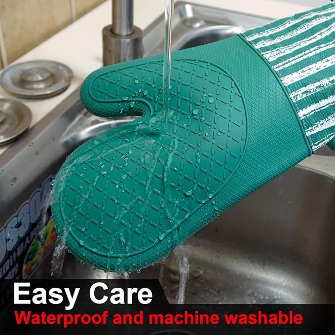 Alselo Silicone Oven Mitts Heat Resistant 932℉ with Waterproof & Non-Slip Kitchen Mittens, Set of 2 Extra Long Oven Gloves with Soft Cotton Terry Lining for Baking Cooking Barbecue (Emerald Green, 2)
