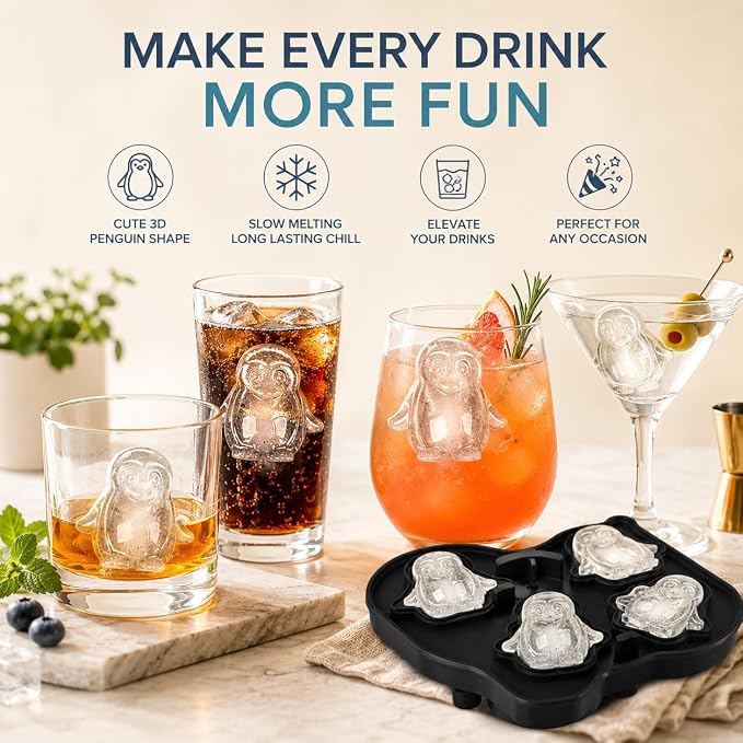 Penguin Ice Cube Tray Mold - Cute Fun Whiskey Ice Molds Gifts for Women Men | 3D Penguin Shape Cute Ice Molds for Whiskey Bourbon, 4-Hole Large Fun Shapes Funny Gifts, for Animals Lovers Women Men