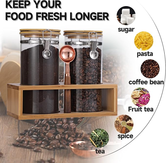 Glass Coffee Storage Container with Bamboo Shelf, 2PCS 49oz Airtight Sealed Coffee Bean Jar with Clamp Lid & Measuring Spoon, Kitchen Pantry Canister Set for Ground Coffee Sugar Tea Flour