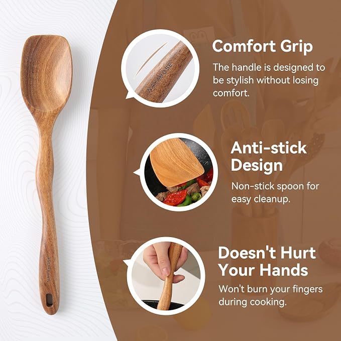Kitchen 10PCS Teak Wooden Utensils Set With Holder and Spoon Rest | Non-stick, Easy to Clean, Durable, Smooth with Comfort Grip Wooden Spoons for Cooking - Non Toxic Wooden Cooking Utensil