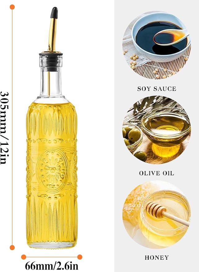 1 Pcs Olive Oil Dispenser Bottle for Kitchen,17oz Clear Glass Cooking Oil and Vinegar Dispenser Set, Coffee Syrup Dispenser with 1 Pourers and 1 Funnel (One circle)