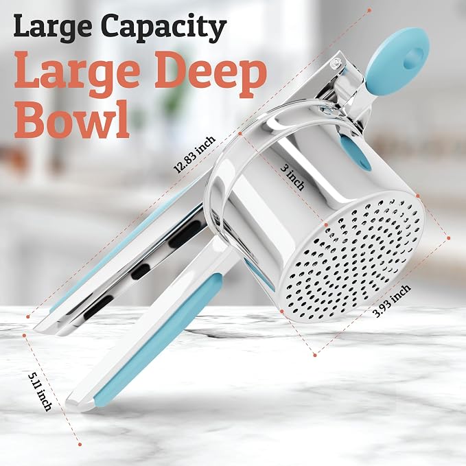 PriorityChef Large 15oz Potato Ricer With 3 Discs, Heavy Duty Stainless Steel Potato Ricer for Mashed Potatoes, Potato Masher, Press and Ricer Kitchen Tool, Turquoise