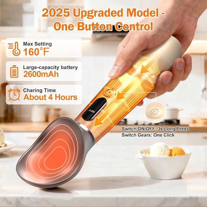 Heated Ice Cream Scoop for Hard Ice Cream, 3-Temp Electric Cordless Ice Cream Scooper, Rechargeable USB-C Fast Charge with LED Display, IP67 Waterproof Head, Easy to Clean - Cream