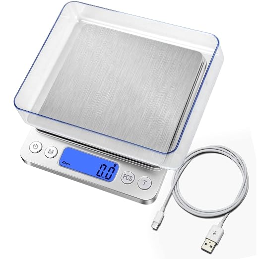 Food Scale, Rechargeable Kitchen Scale with Trays 3000g/0.1g, Mini Scale with Tare Function Digital Scale Grams and Ounces for Weight Loss, Dieting, Cooking, Meal Prep, Coffee, Jewelry