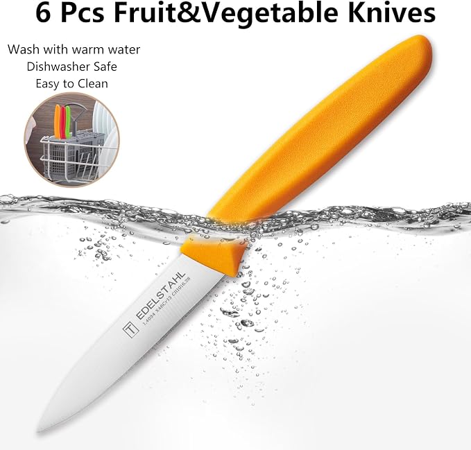Paring Knives,Stainless Steel Paring Knife Set of 6,Premium Vegetable&Fruit Knife,Small Knife Set,Straight Edge,Ergonomic Handle Paring Knives,Peeling Knifes(Red&Orange&Green)