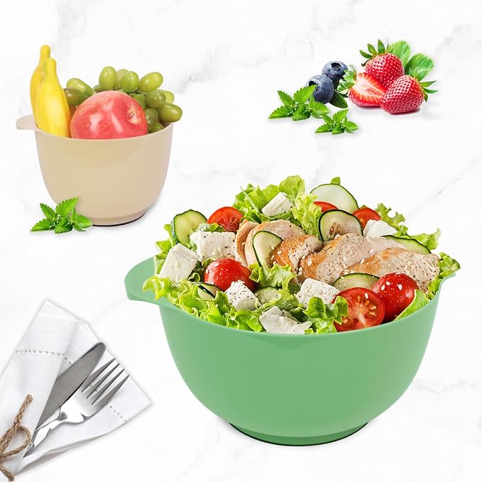 BoxedHome Classic Mixing Bowls Set of 4, BPA Free Plastic, Microwave Safe | 4.5, 3.5, 2.5 and 1.7 QT, Non-slip Base Large Non-toxic Nesting Bowl with Pour Spout, Dishwasher Safe, for Prep, Cooking