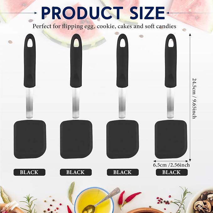 Gejoy 4 Pcs Silicone Cookie Spatula Turner Mini Brownie Spatula Flexible Silicone Spatulas Nonstick Cookware Heat Resistant No Scratch Flipper Baking Utensils for Egg Pancake(Black)