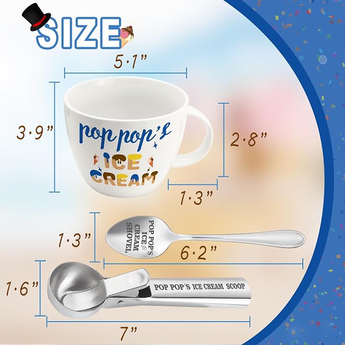 Pop Pop Gifts, Gifts for Pop from Grandkids on Fathers Day, Poppop's Ice Cream Bowl Scoop Shovel Spoon Set, Poppop’s Ice Cream Gift, Christmas Birthday Father's Day Pop Gift for Him Man