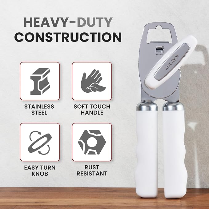 Zulay Kitchen Heavy Duty Stainless Steel Can Opener Manual with Bottle Opener - Rust Proof Manual Can Opener With Turn Knob & Comfy Soft Grip Handles - White